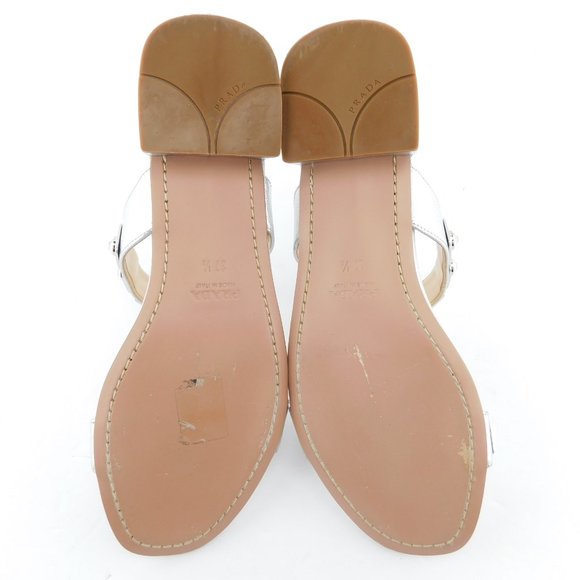 PRADA Crystal Embellished Silver Saffiano T-Strap Block Heel Slide Sandals 37.5 - Picture 9 of 10